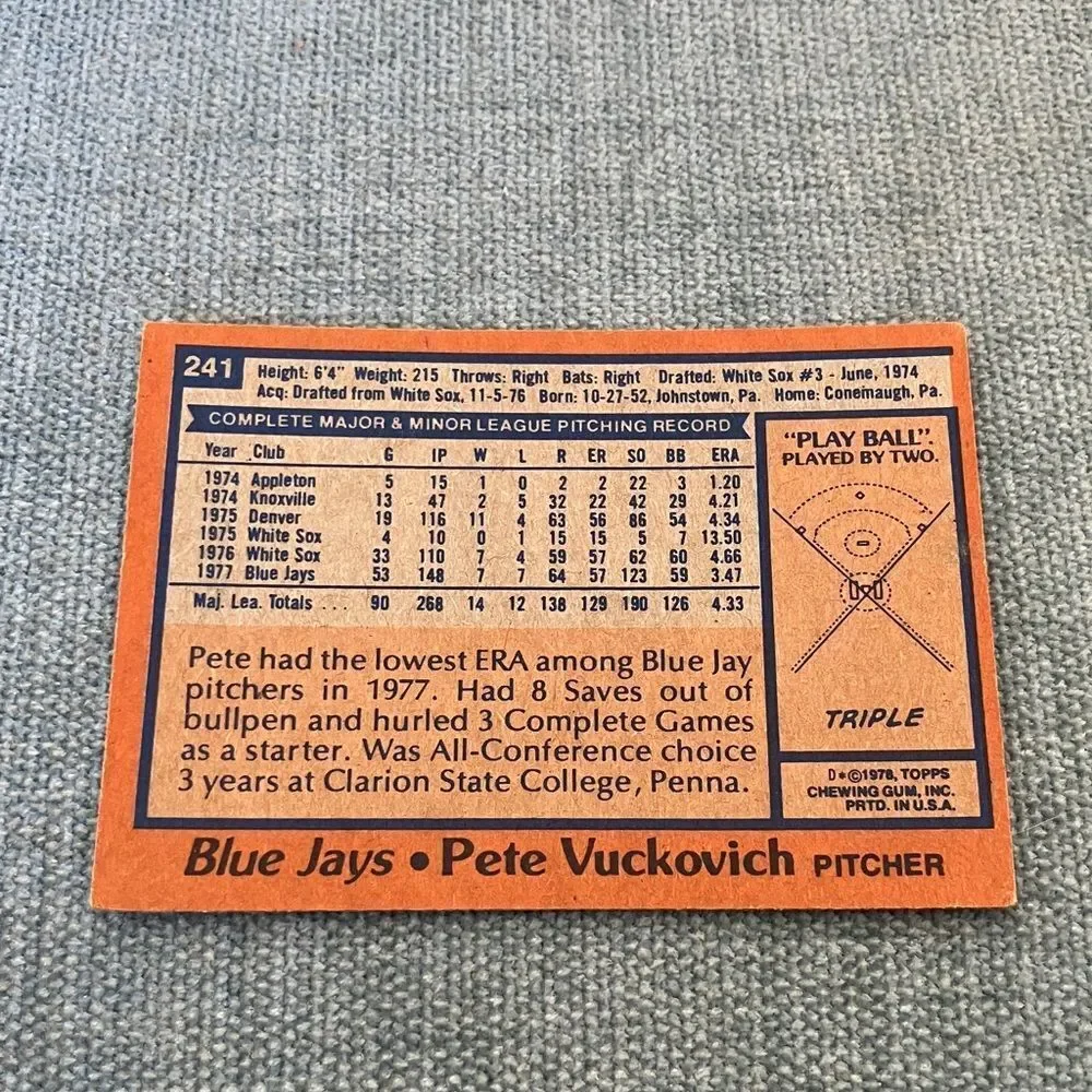 1978 Topps Toronto Blue Jays Baseball Card Trading Card